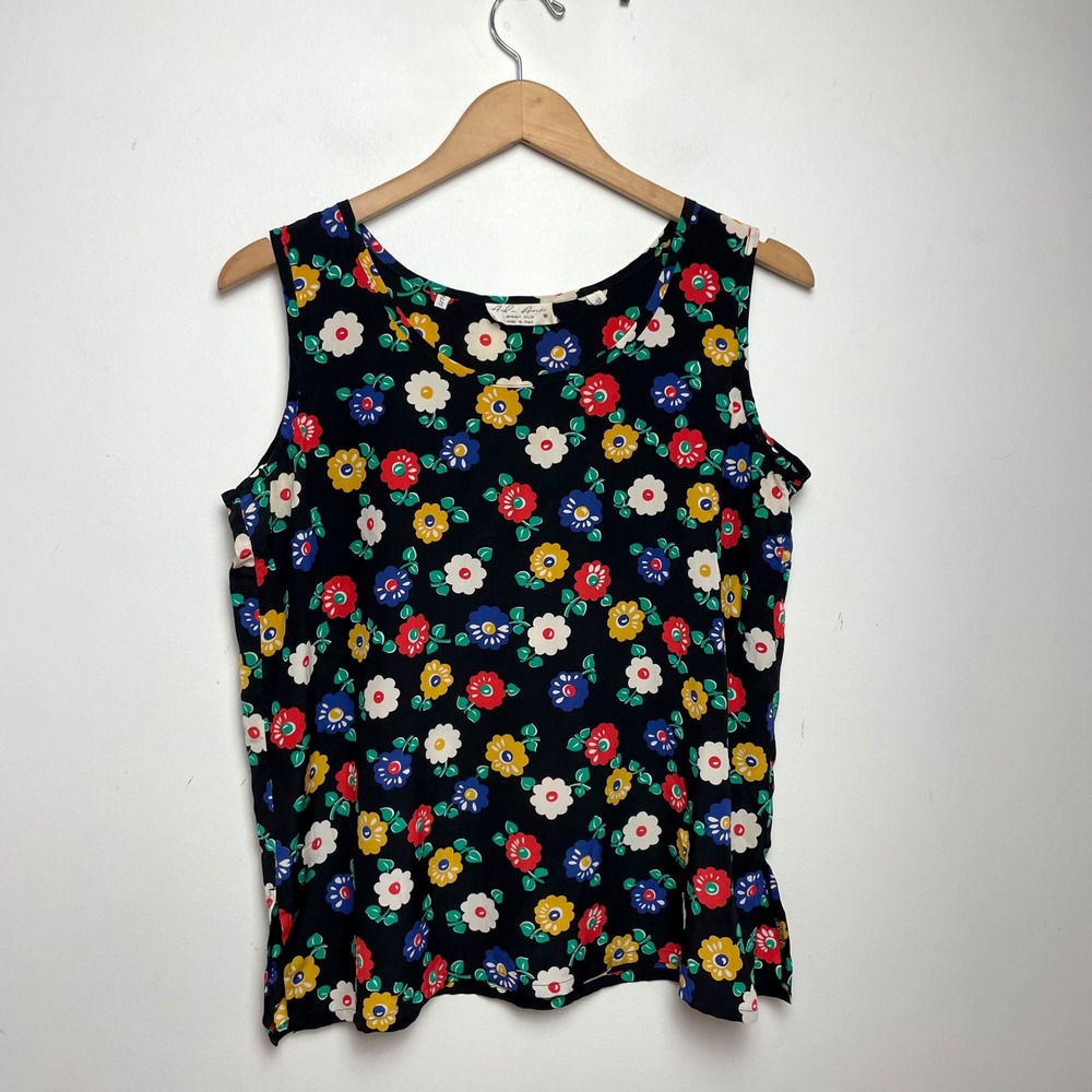 Silk Floral Tank Top Large Vintage 90s Black Whimsical Retro Colorful Dopamine